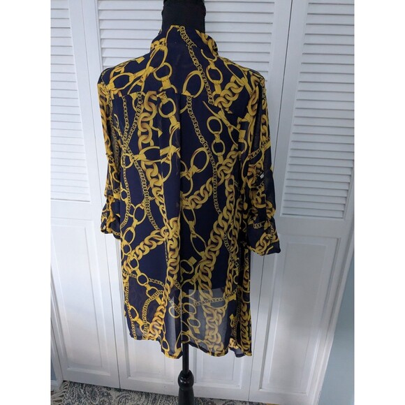 Feratelli Tunic Top Womens S Flowy Navy Status Print Sheer Moto Zip RollTab Glam - Picture 5 of 13